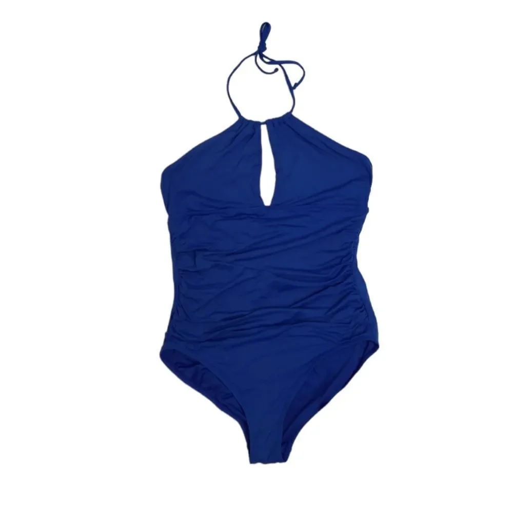 LOFT Beach blue cut out halter tie‎ top ruched side one piece swimsuit 16